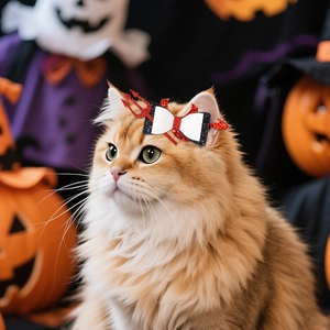 Halloween pet bow clip with devil trident decoration on orange cat for festive party