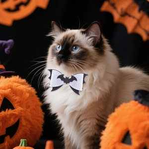 Close-up of a sparkling Halloween pet bow tie with bat motif on a fluffy cat
