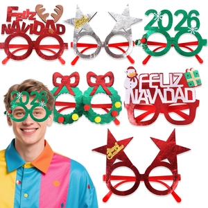 Detailed view of festive glitter Christmas eyewear set with Feliz Navidad and 2026 designs