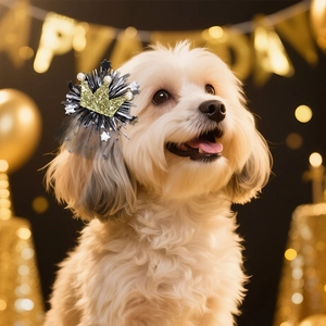 Couronne dorée pour chien avec dentelle noire dans un décor de fête d'anniversaire