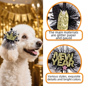 Pince à cheveux couronne de Nouvel An pour animaux avec paillettes dorées et tulle