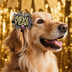 Barrette de Nouvel An dorée pour animaux avec étoiles sur un Golden Retriever pour fête de réveillon