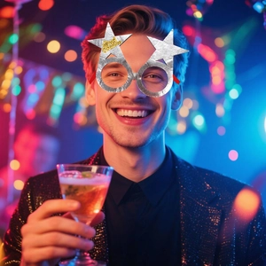 Silver star party glasses with Merry Christmas text worn by a man in a festive party setting