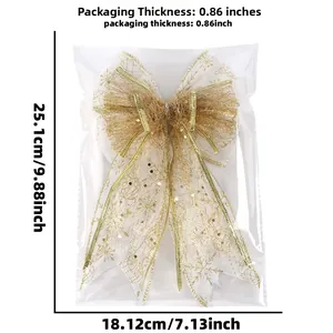Golden glitter Christmas bow ornament for tree decoration with size measurements