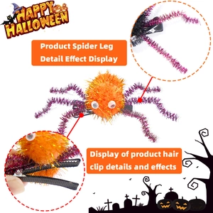 Close-up of Halloween spider hair clip for pets with orange plush and purple glitter legs