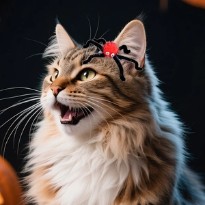 Halloween pet hair clip with red plush spider legs and googly eyes on a cat