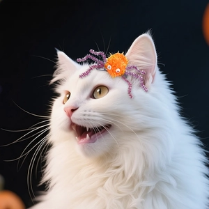 Funny Halloween spider pet hair clip with orange pompom and purple legs on a cat