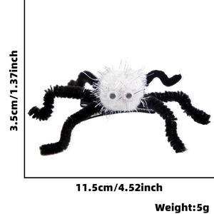 Detailed view of Halloween white plush spider hair clip with measurements and dimensions