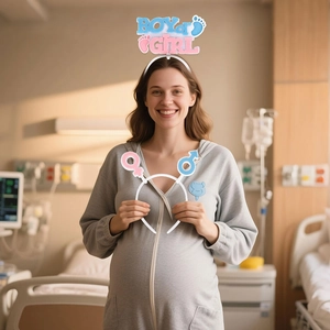 Gender reveal headbands featuring Boy or Girl blue and pink letters and gender symbols