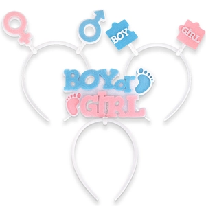 Three gender reveal party headbands with Boy or Girl text and pink blue decorations