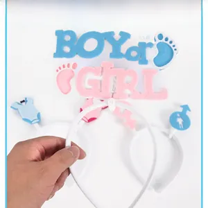 Detail of Gender Reveal Party headband featuring Boy or Girl blue and pink felt letters