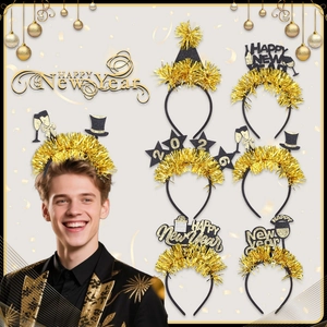 Detailed view of 6 black and gold 2026 Happy New Year headbands with glitter party motifs