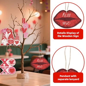 Close-up of Valentine's Day wooden gnomes and LOVE heart ornaments with jute ropes