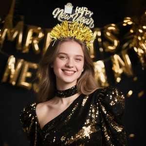 Detail of Happy New Year headband featuring black and gold glitter stars on a female model