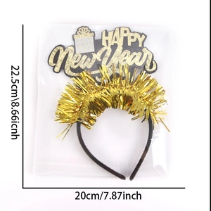 Detail view of Happy New Year headband with gold tinsel and dimension measurements