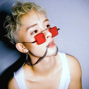 Futuristic red square sunglasses with thick silver metal chain accessory for unisex hip-hop style
