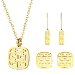 Collana Con Pendente Doppia Felicità In Acciaio Inossidabile Orecchini A Bottone Pendenti Stile Cinese Oro Argento