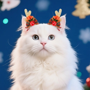 Christmas pet hair clips with gold glitter antlers and bells on a white cat