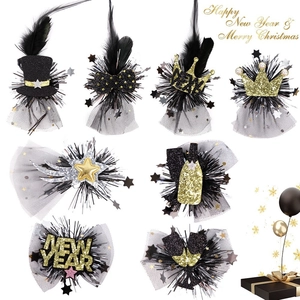 Pinces à Cheveux Fête Nouvel An Noir Or Paillettes Maille Plume Mini Chapeau Couronne Épingles pour Animaux Chiens Chats Célébration