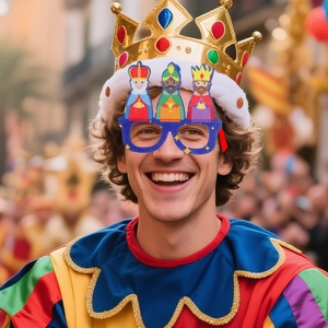 Set Fête des Rois avec couronne dorée et lunettes cartoon bleues pour enfants