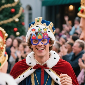 Set Fête des Rois avec lunettes bleues, couronne en velours doré et cape royale rouge