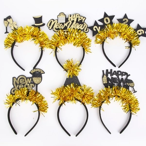 Cerchietto Happy New Year Oro Nero 2026 Stella Calice Cappello a Cilindro Cerchietto con Lametta per Decorazione Festa Capodanno