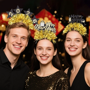 Three-piece New Year 2026 party headbands with gold champagne and glitter tinsel
