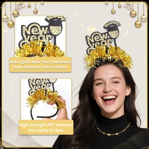 Black and gold New Year headband featuring champagne glass and tinsel decorations