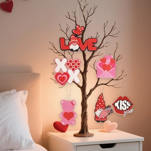 8-piece Valentine wooden ornaments featuring heart shapes and gnomes for festive home decor