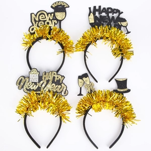 Set of 4 Happy New Year headbands with gold tinsel and glittery holiday party toppers