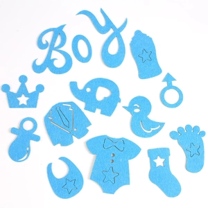 Sky blue felt Boy gender reveal decoration set featuring 12 cute baby themed pieces