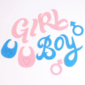Detailed view of pink Girl and blue Boy felt cutouts for gender reveal baby shower DIY decor