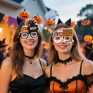 Funny Halloween paper glasses featuring cartoon pumpkin and castle for party photo props