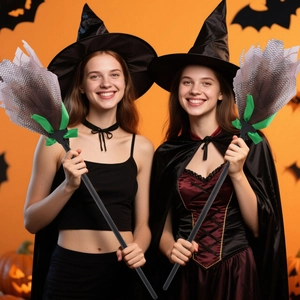 Detail showing two witches holding plastic brooms with mesh brushes and green ribbon bows