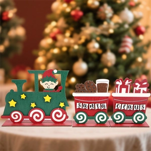 Three-section Christmas wooden train ornament with Santa Claus text and elf figure