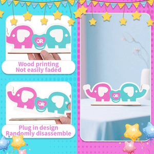 Detail of DIY gender reveal wooden elephant sign with plug-in design for party