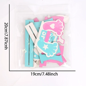 Gender reveal party wooden foot decor in clear packaging with size dimensions