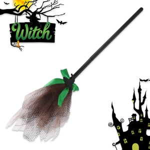 Halloween witch broom for kids party decor with green ribbon and mesh mesh bristles