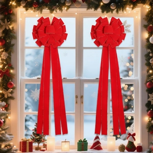 Grande Fiocco di Velluto Rosso per Albero di Natale Con Bordo Dorato 128cm Nastri Appesi Lunghi per Decorazione Casa Porta