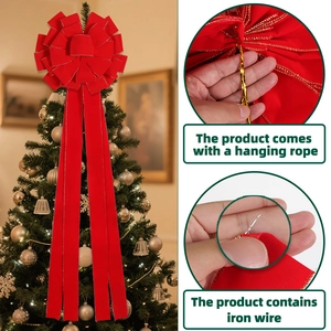 Large red velvet Christmas tree topper bow with gold trim and iron wire for shaping