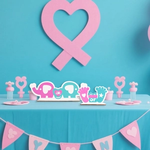 Gender reveal wooden table decor with blue and pink baby feet and elephant design