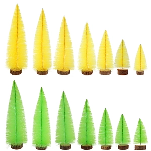 Miniature sisal Christmas tree set in yellow and green with rustic wooden bases