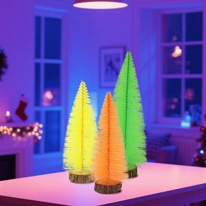 Three-piece colorful mini Christmas tree set with natural wooden bases and sisal bristles