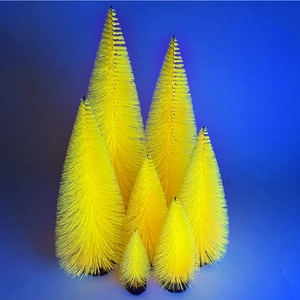 Set of 7 yellow sisal bottle brush Christmas trees with natural round wooden bases