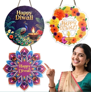 Three Diwali hanging ornaments featuring peacock and mandala designs for festival decor