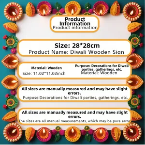 Detail view of 28x28cm wooden Diwali welcome sign with colorful Diya and floral patterns