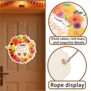 Close-up of wooden Happy Diwali wreath featuring festive marigold pattern and hanging rope