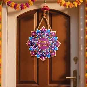 Detail of multi-layered colorful Mandala door sign with Happy Diwali text on wooden door