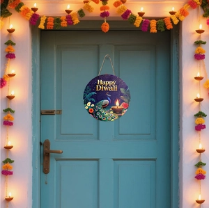 Detail of Happy Diwali wooden hanging plaque with peacock design on blue door