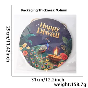 Detail of Happy Diwali wooden hanging sign featuring peacock, lamp, and floral patterns